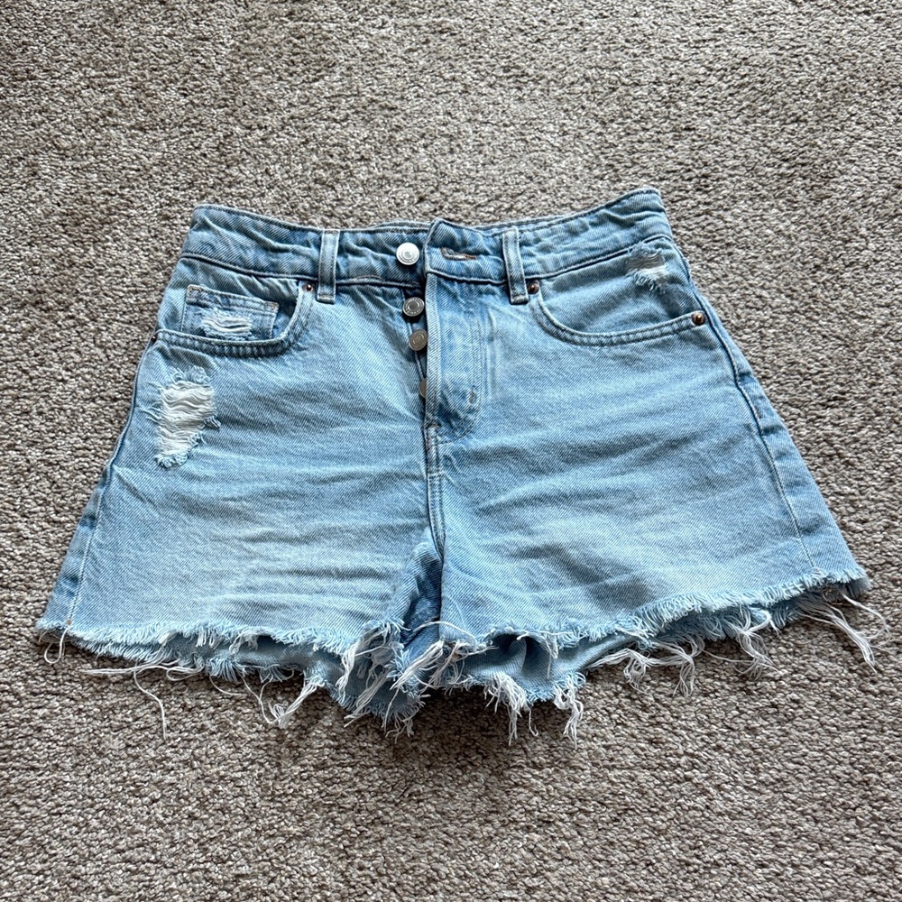 H&M High Rise Light Wash Distressed Denim Shorts